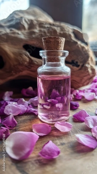Obraz Delicate Pink Elixir in Corked Glass Vial Surrounded by Scattered Rose Petals and Natural Wood