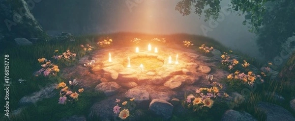 Obraz Enchanted Forest Circle of Light: Mystical Candles and Wildflowers Illuminate Sacred Grove