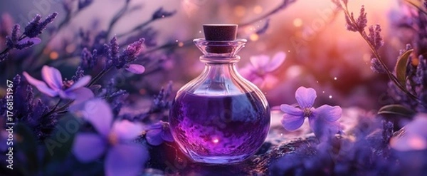 Obraz Enchanting Elixir Bottle Amidst Mystical Purple Flowers and Soft Bokeh Lights