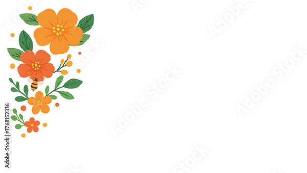 Fototapeta Spring Floral Background with Orange Flowers, Green Leaves, and Whitespace for Text