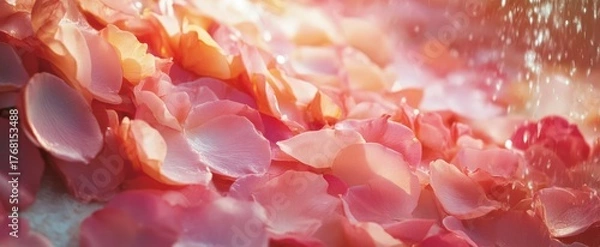 Obraz Ethereal Pink & Peach Rose Petals with Sparkling Water Droplets, Bathed in Golden Light