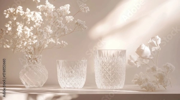 Obraz Ethereal Still Life: Delicate White Flowers and Textured Glassware Bathed in Soft Sunlight