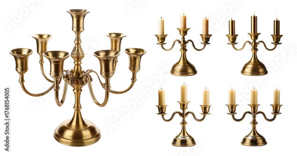Fototapeta Elegant brass candle holders in various styles and arrangements, PNG bundle collection, Isolated on Transparent Background