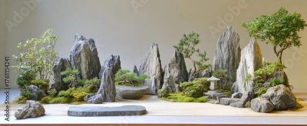 Obraz Exquisite Miniature Japanese Zen Garden with Towering Rocks, Lush Moss, Bonsai, and Stone Lantern