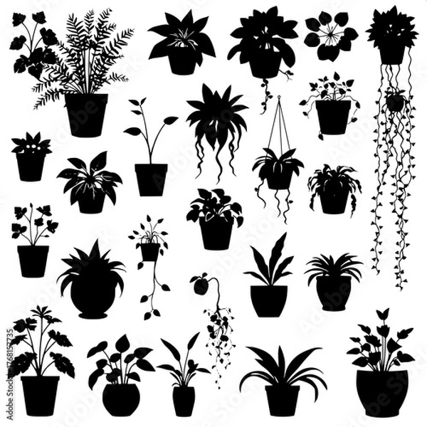 Fototapeta Overhead view of diverse potted plants illustrated as black silhouettes on white. The plants include leafy ferns, succulents, and hanging vines. Each pot shape is unique. The layout is grid-based, fla