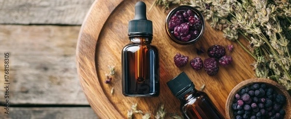 Obraz Natural Herbal Remedies: Amber Dropper Bottles, Dried Lavender, and Berries on Rustic Wood