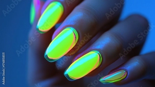 Obraz Neon Glow Nails Under UV Light: Electric Lime and Pink Edges, Dark Background