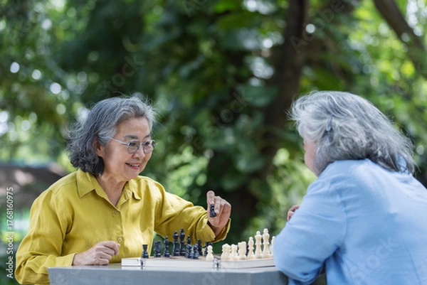 Fototapeta Two senior women enjoy a chess game outdoors surrounded by nature. One reacts with excitement while the other makes a move. A joyful scene of friendship, strategy, and mental activity.