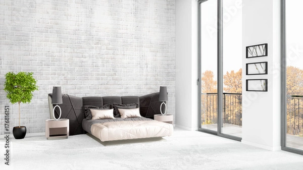 Fototapeta Brand new white loft bedroom minimal style interior design with copyspace wall and view out of window. 3D Rendering.