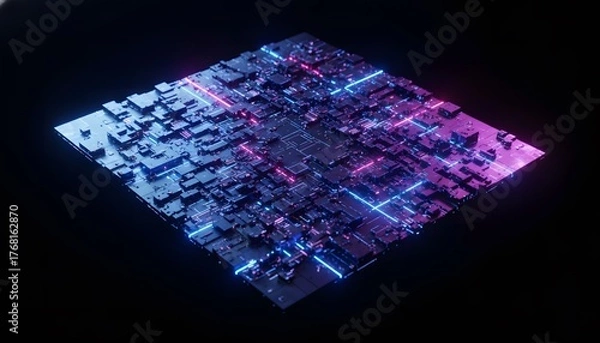 Fototapeta Abstract 3D rendering of a futuristic technology surface, like a microchip or circuit board, with glowing pink and blue lights, symbolizing data processing, AI, and cyberspace.
