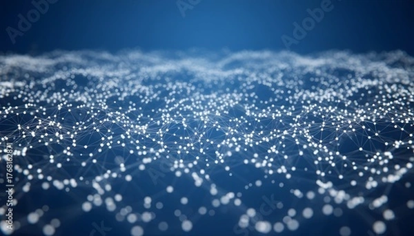 Fototapeta Abstract futuristic technology background with a white plexus network of connected dots and lines, symbolizing big data, digital communication, and global networks on a blue field.