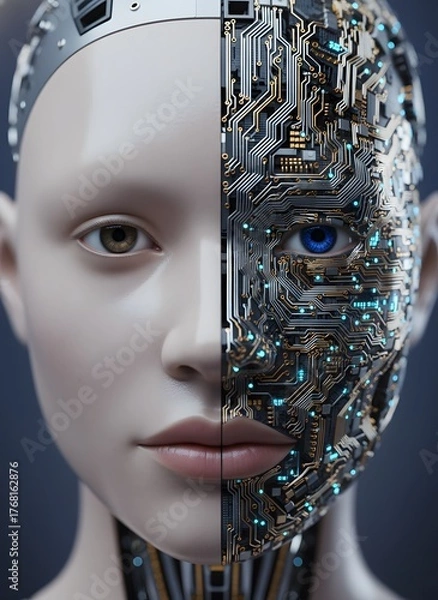 Fototapeta Futuristic portrait of a cyborg or android face, split half-human and half-robot, revealing advanced circuitry and glowing lights, symbolizing artificial intelligence (AI) and the singularity.