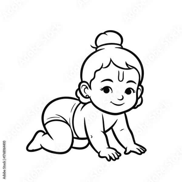 Fototapeta Adorable crawling baby girl with a joyful expression, wearing a simple outfit and hair tied up in a bun, on a plain