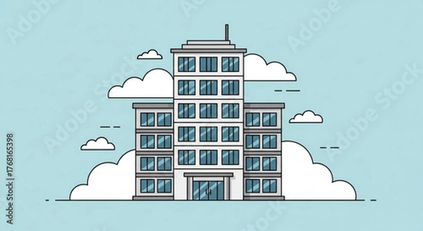 Obraz Illustration of a modern office building with clouds on a blue sky background, representing corporate headquarters or business center in a simple style