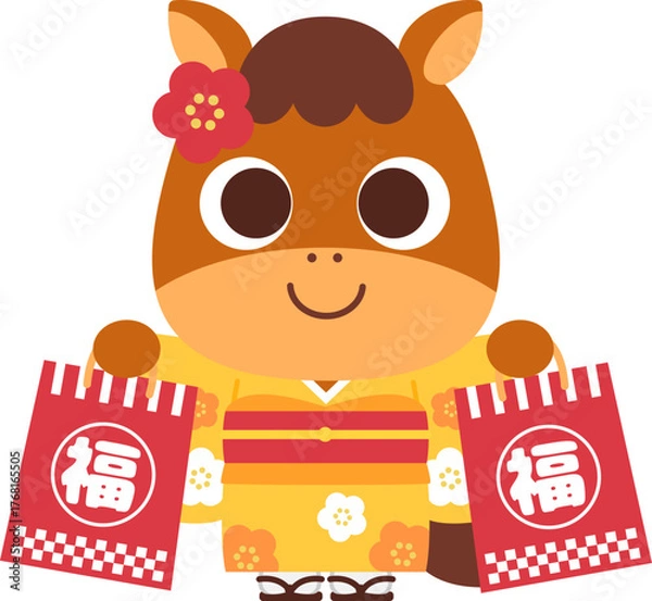 Obraz 両手に福袋を持つ馬のキャラクター