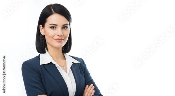 Fototapeta Young businesswoman in formal suit with arms crossed, corporate portrait, clean white background, professional studio photo, high resolution