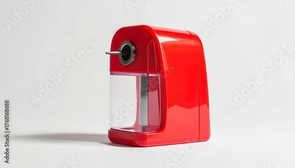Fototapeta Red manual pencil sharpener with transparent shavings compartment.