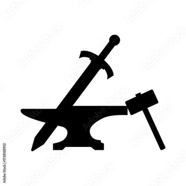 Fototapeta Vector illustration of hammer, anvil, and sword silhouette.
