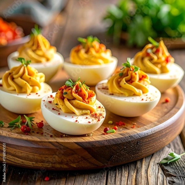 Fototapeta Spicy deviled eggs on wooden board
