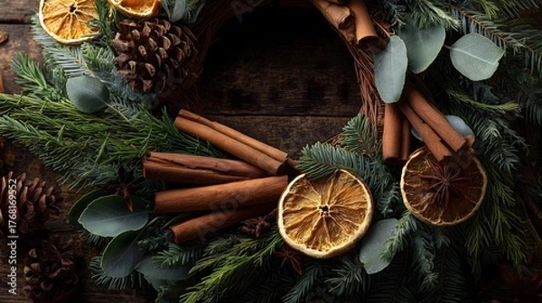 Obraz Rustic Christmas Wreath with Oranges and Cinnamon