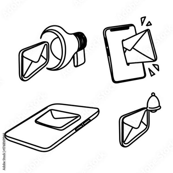Fototapeta doodle email marketing and notification icon on smartphone and megaphone hand drawn related 