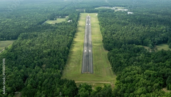 Fototapeta An aerial view showcases a long, straight runway cutting through a dense, verdant forest, with trees lining both sides.