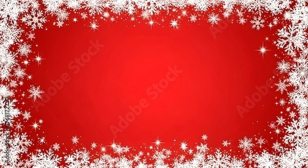 Fototapeta Festive Christmas background with sparkling snowflakes on vibrant red, perfect for holiday promotions and seasonal marketing campaigns, capturing winter cheer