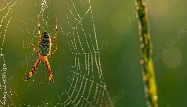 Fototapeta Spider in a dew-kissed web