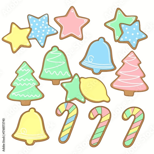 Obraz Assorted christmas cookies including stars trees bells and candy canes on a white background