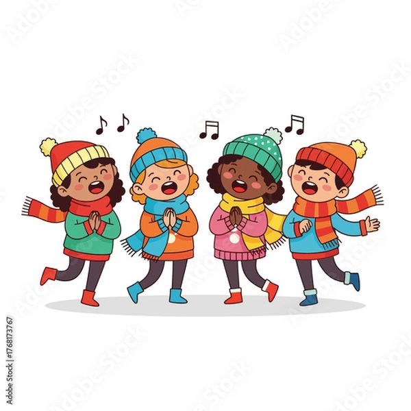 Obraz Four children singing carols in winter clothing with musical notes above them on a white background