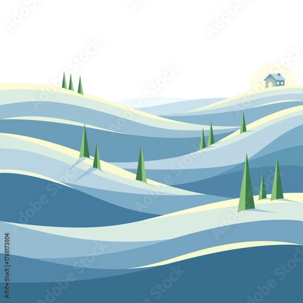Obraz A stylized winter landscape with snow covered hills trees and a house under a bright sky illustration