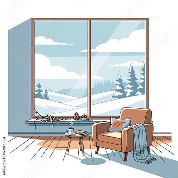 Obraz Winter scene with armchair and view of snowy landscape through window in cozy room setting indoors
