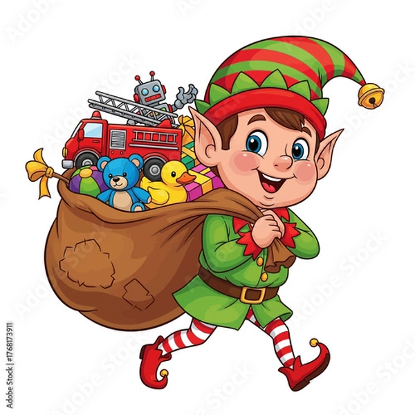 Obraz Cartoon elf carrying a large bag of toys including a fire truck and robot on a white background