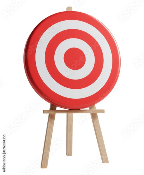 Obraz Red and white concentric circle target mounted on wooden stand isolated on transparent background