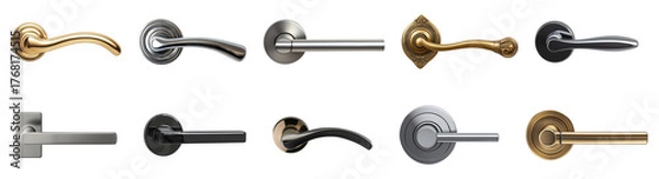 Fototapeta Collection of ten modern door handles in various styles and finishes including gold, silver, black and brass, isolated on transparent background
