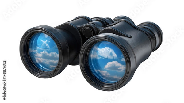 Obraz Close up of black binoculars reflecting a blue sky with white clouds on a black background