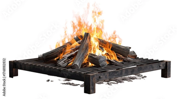 Obraz A campfire with burning logs on a metal grate against a black background with small rocks around it