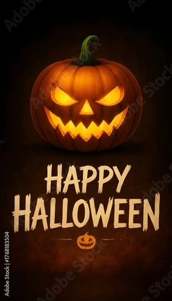 Obraz Vertical Halloween greeting design featuring a menacing, glowing Jack-o'-lantern positioned above large, bold, illuminated "HAPPY HALLOWEEN" text on a dark background.