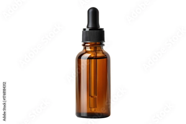 Fototapeta Amber Bottle with Dropper: This close-up view displays an amber glass bottle with a black dropper, offering a glimpse into the world of natural health and cosmetics.
