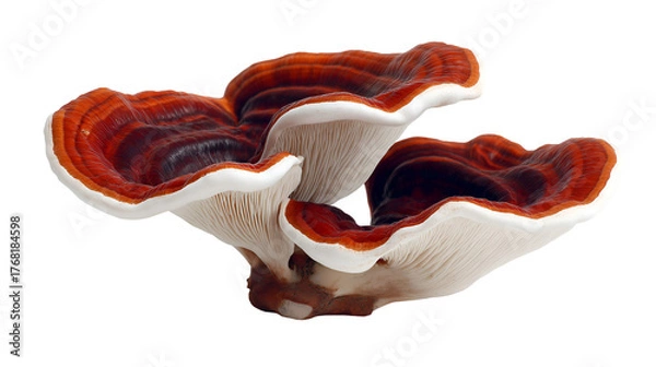 Obraz Close up shot of three reishi mushrooms stacked on top of each other on a black background