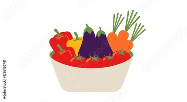 Fototapeta Vibrant bowl overflowing with fresh vegetables, a colorful bounty including tomatoes, peppers, eggplants, and carrots, perfect for healthy eating concepts