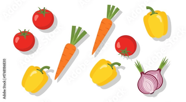 Fototapeta Freshly harvested vegetables including tomatoes, carrots, yellow bell peppers, and red onions offer a bounty of healthy eating and culinary creativity