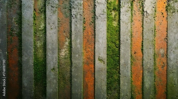 Fototapeta Rough concrete texture with vertical moss green and rust orange lines, gritty surface and focused lighting
