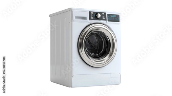 Obraz A white washing machine with a silver door and a digital display against a black background