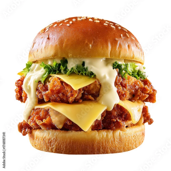Fototapeta Crispy zinger burger with cheese and lettuce, isolated on white background.