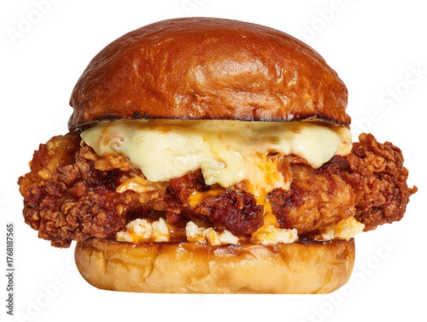 Fototapeta Crispy zinger burger with cheese and lettuce, isolated on white background.