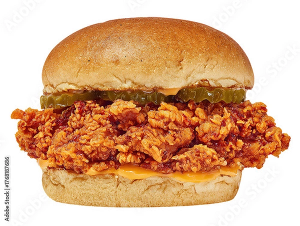 Fototapeta Crispy zinger burger with cheese and lettuce, isolated on white background.