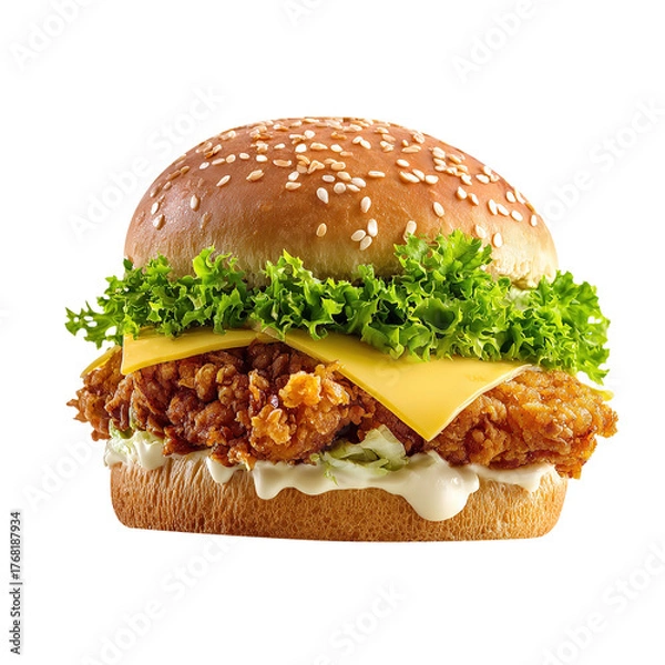 Fototapeta Crispy zinger burger with cheese and lettuce, isolated on white background.