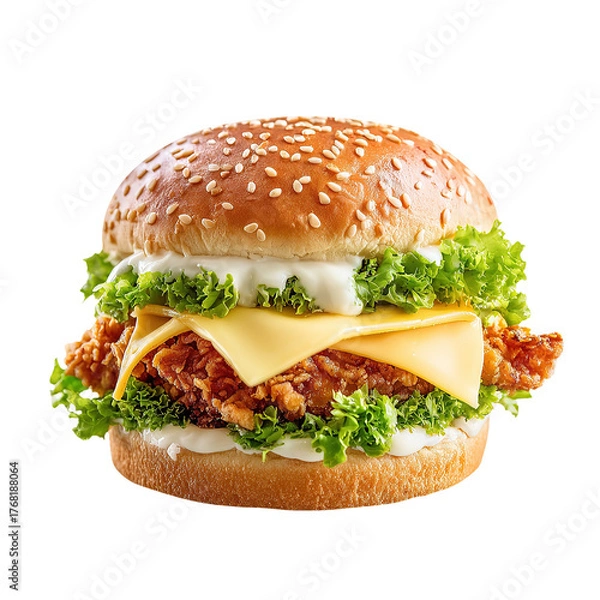 Fototapeta Crispy zinger burger with cheese and lettuce, isolated on white background.