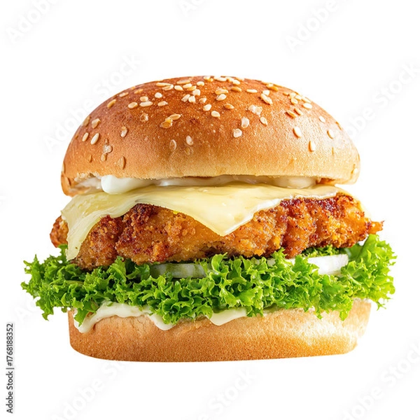 Fototapeta Crispy zinger burger with cheese and lettuce, isolated on white background.